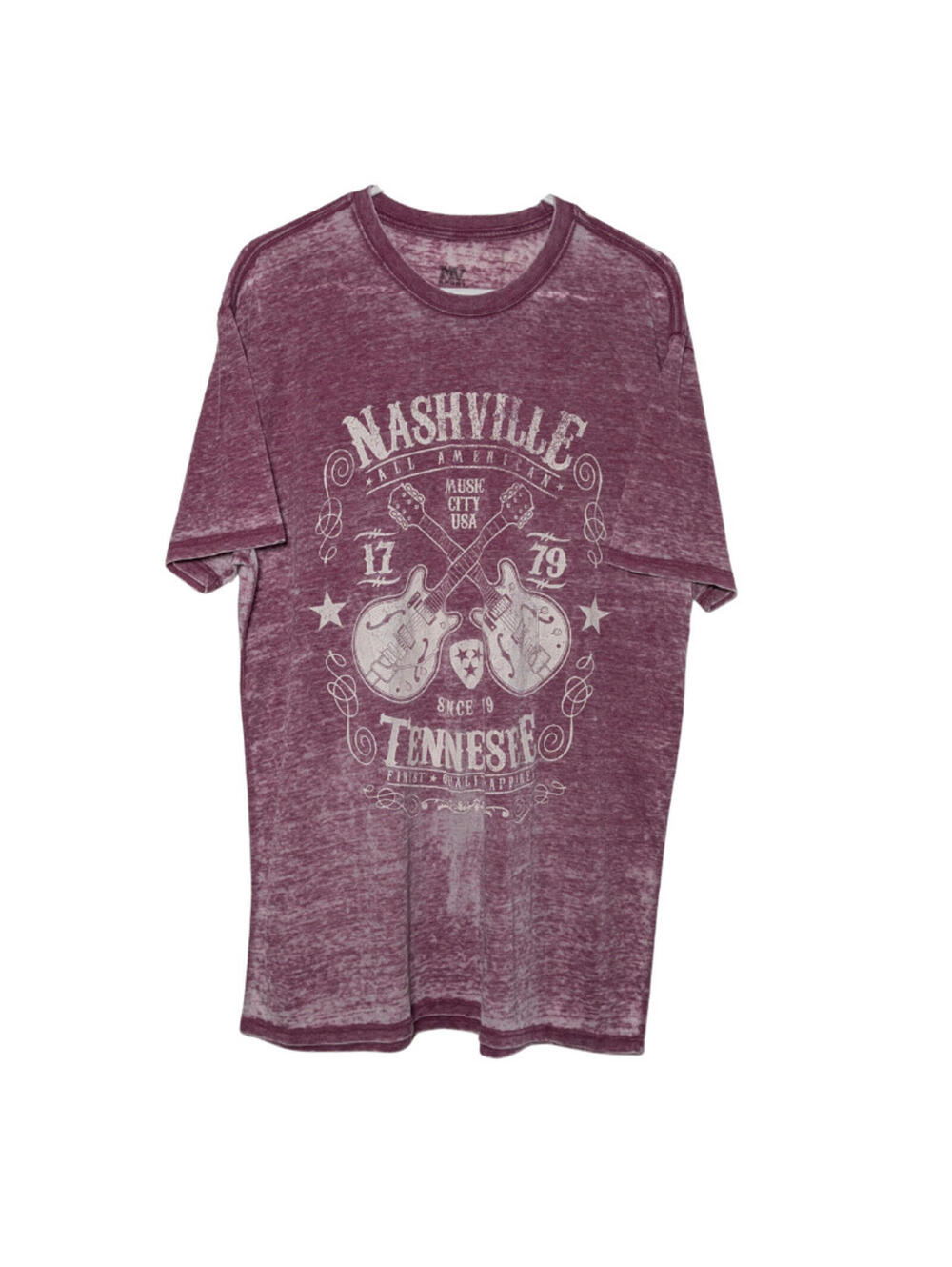 MV Sport Men's Nashville Guitar T-Shirt, Burgundy, Size Large, Cotton Blend